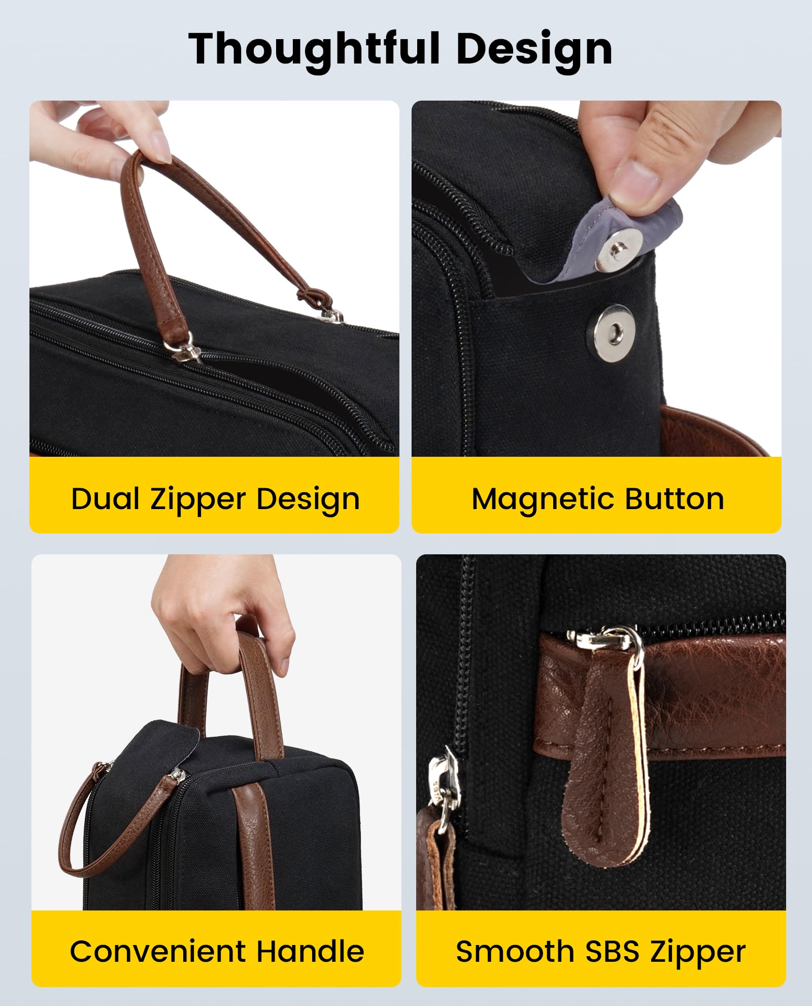 Vorspack Canvas Toiletry Bag leather-handle carry strap adds travel convenience.