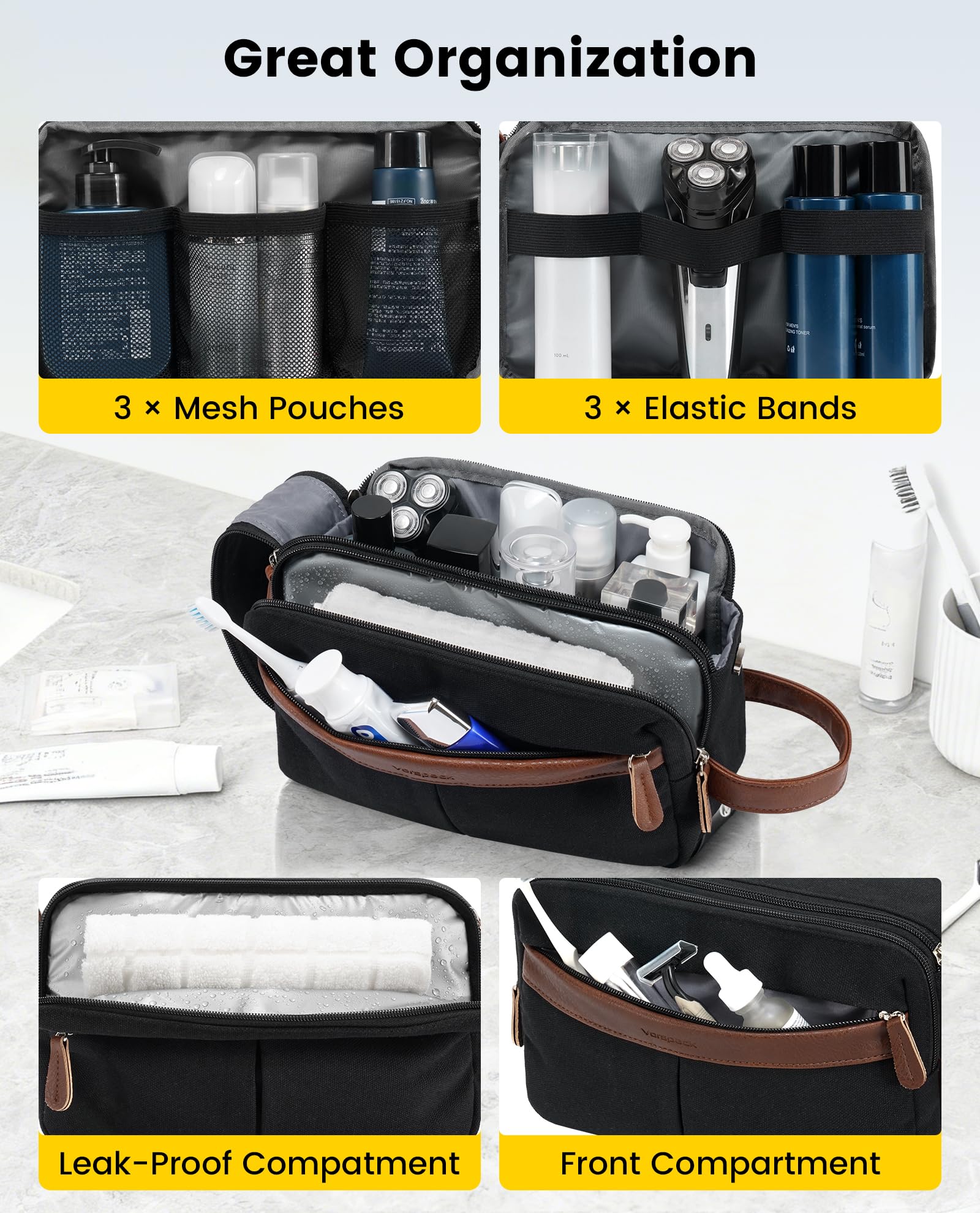 Vorspack Canvas Toiletry Bag wet/dry separation keeps damp items away from dry essentials.