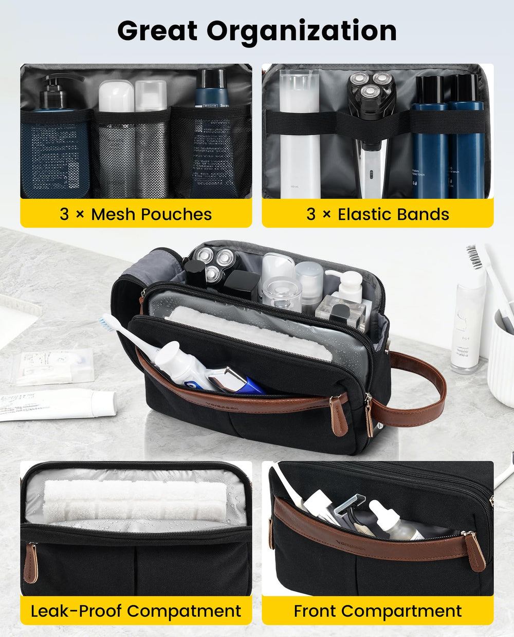 Vorspack Canvas Toiletry Bag wet/dry separation keeps damp items away from dry essentials.