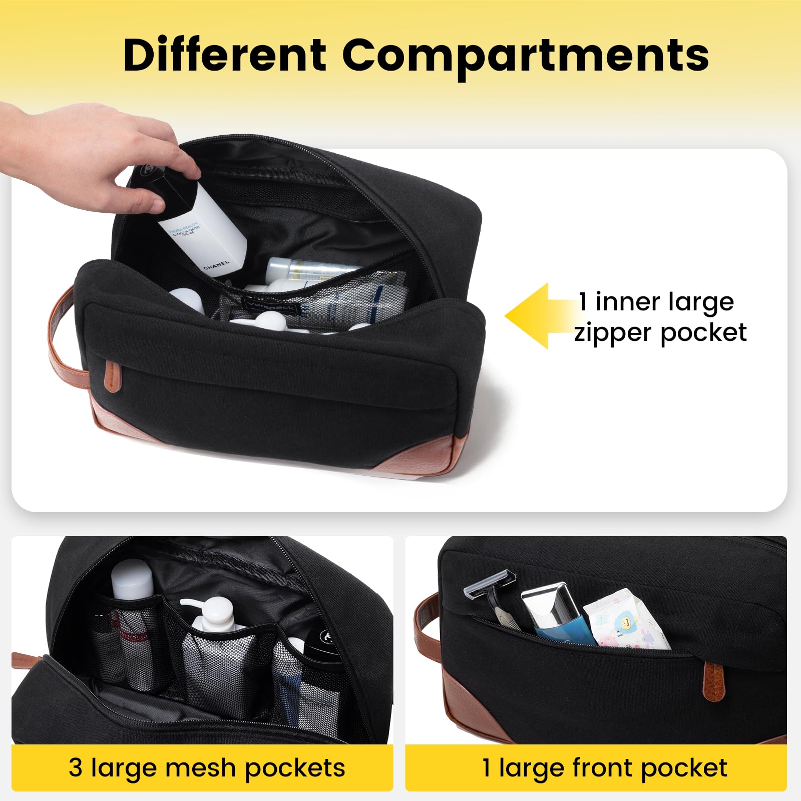 Vorspack hanging toiletry bag mesh pockets keep small items visible.