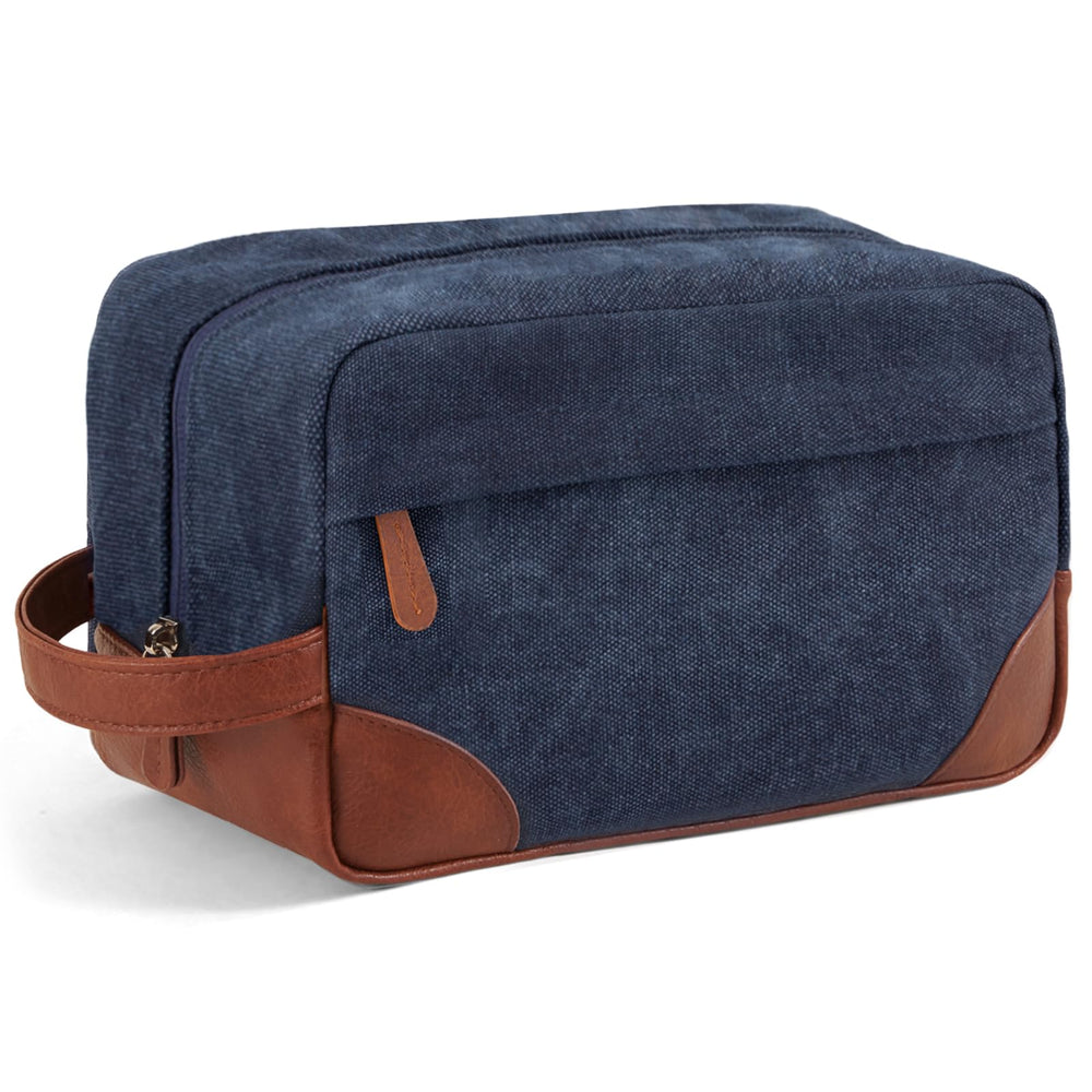 Vorspack large travel toiletry bag navy, side view shows roomy capacity for cosmetics and essentials