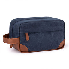 Vorspack toiletry bag hanging navy blue demonstrates travel-ready organization.
