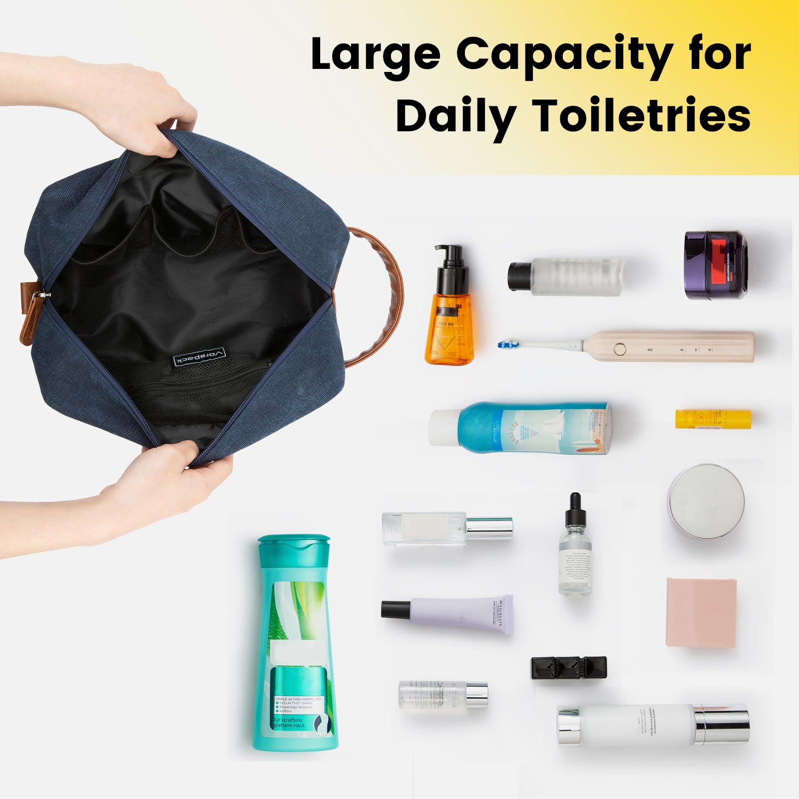 Vorspack water-resistant finish on navy bag boosts protection against splashes.