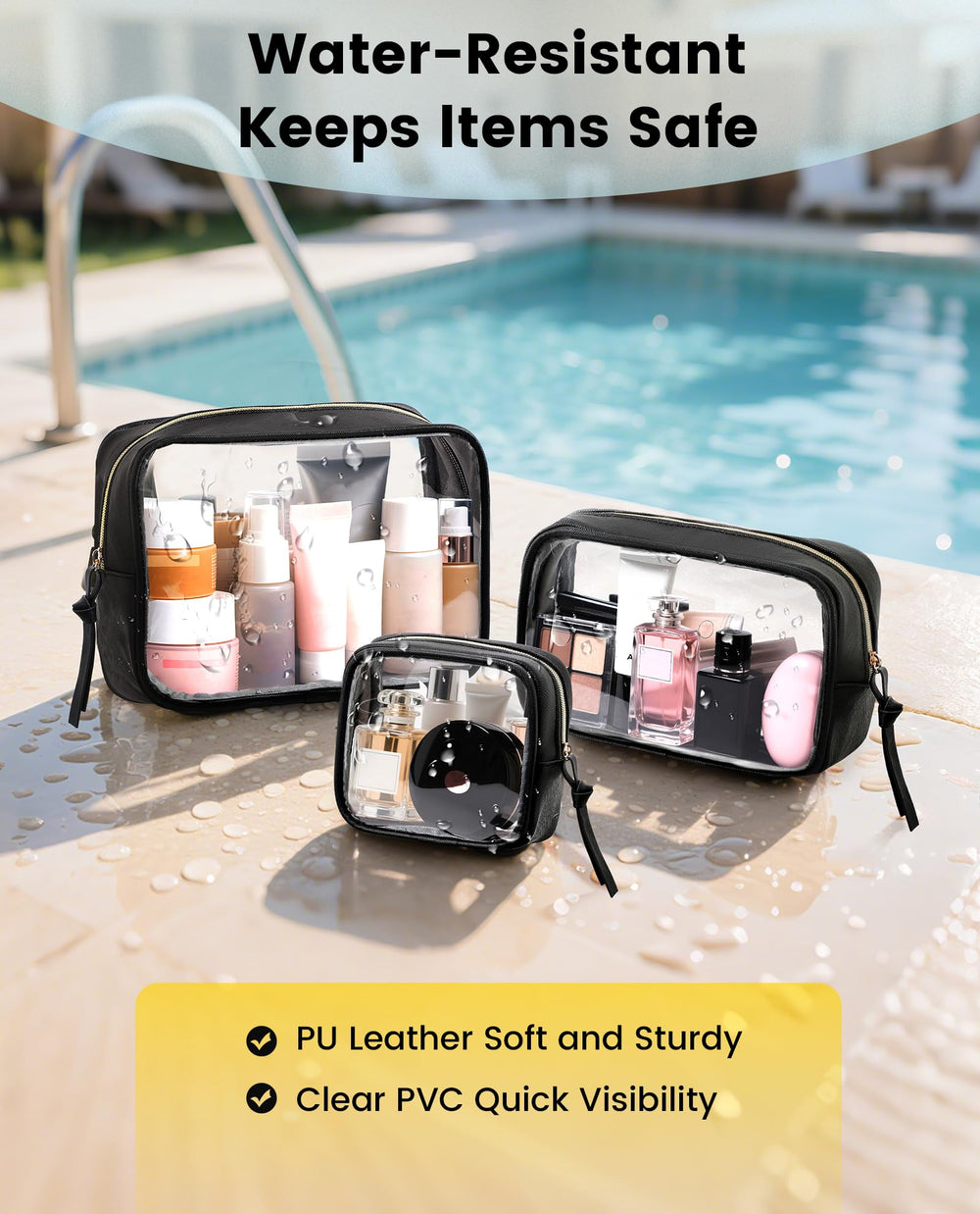 Vorspack travel makeup bag water-resistant outer protects contents from splashes.