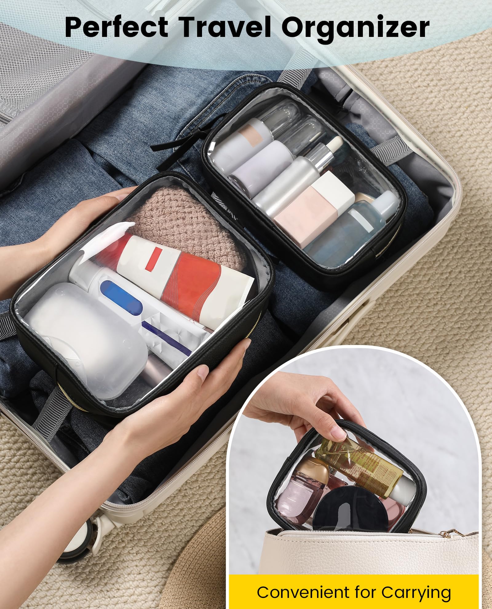 Vorspack travel makeup bag zipper with ear for easy one-handed opening.