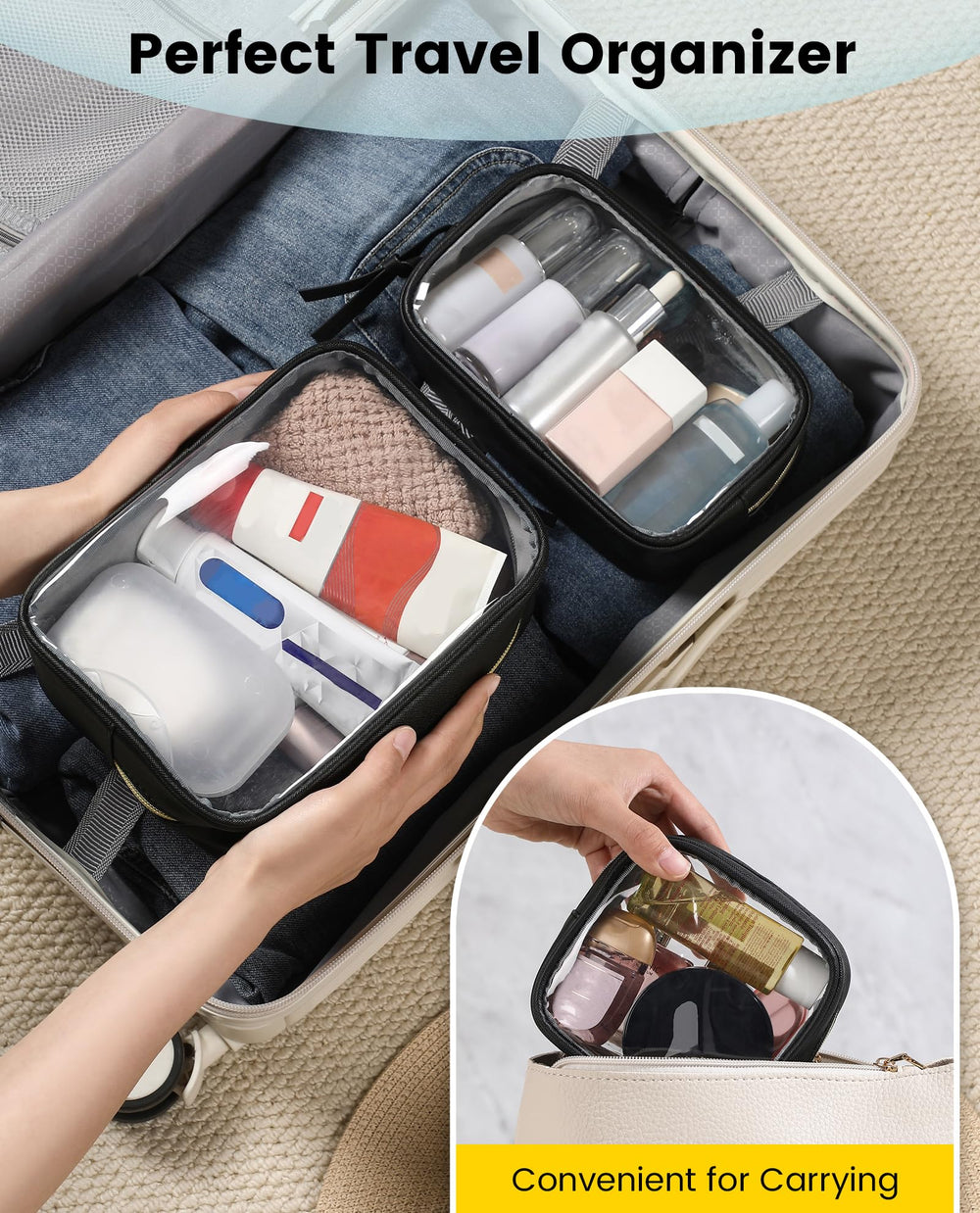 Vorspack travel makeup bag zipper with ear for easy one-handed opening.