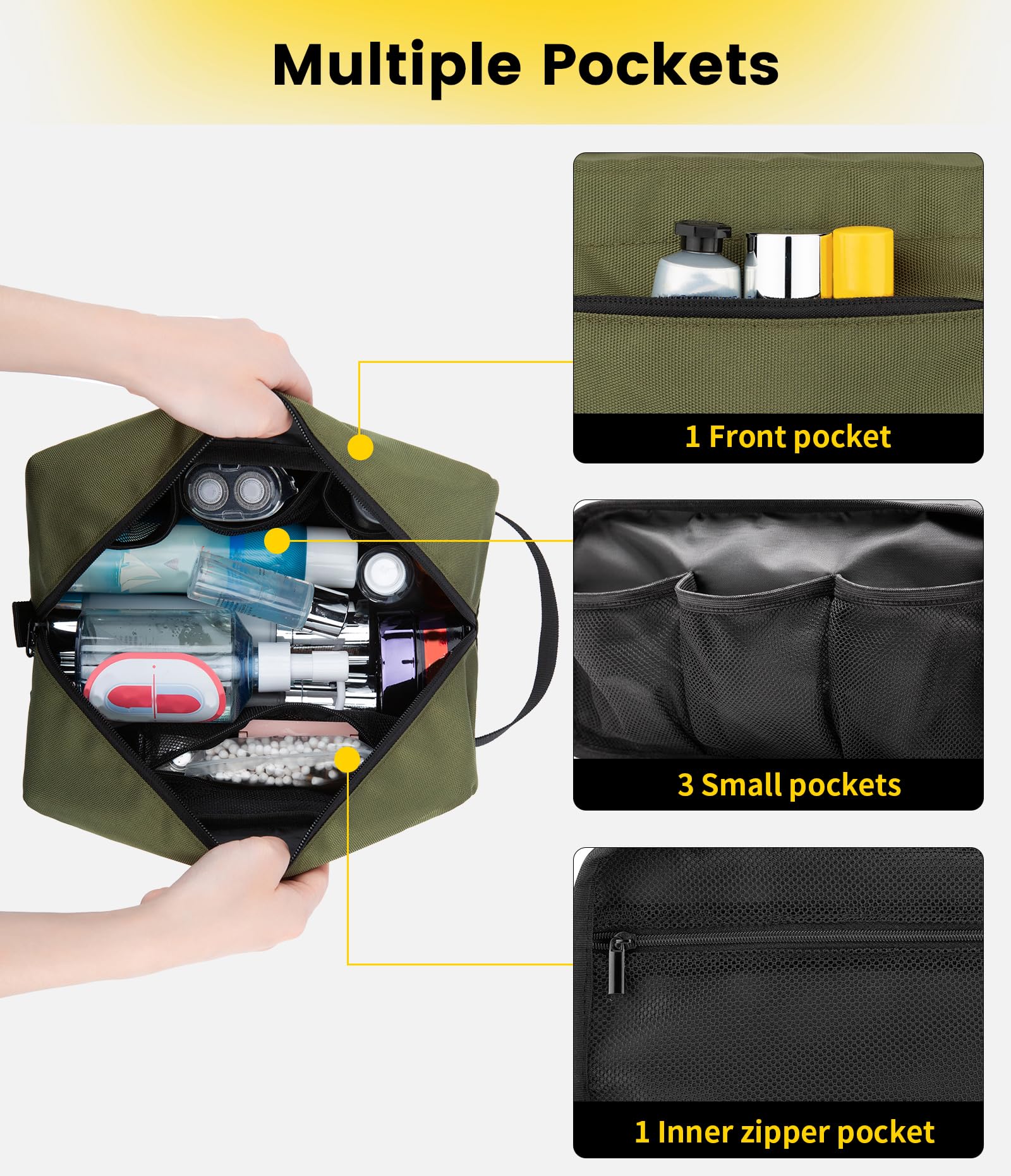 Vorspack army green bag inside pockets keeps small items neatly separated during trips.