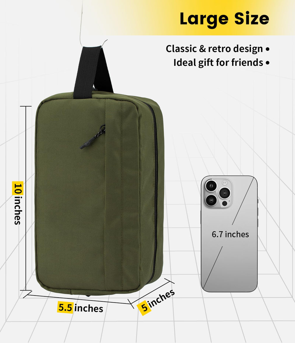 Vorspack travel toiletry bag army green main compartment shows roomy space for cleanser and shaver.