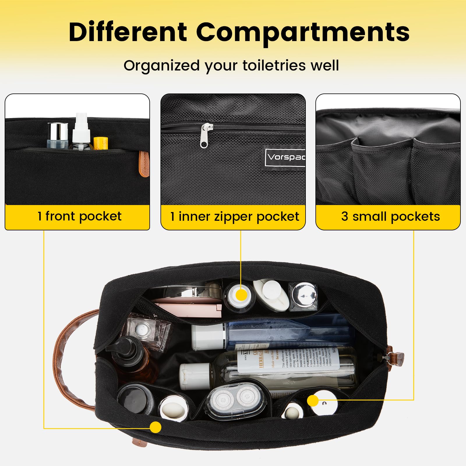 Vorspack Travel Toiletry Bag front pocket for quick access to essentials.