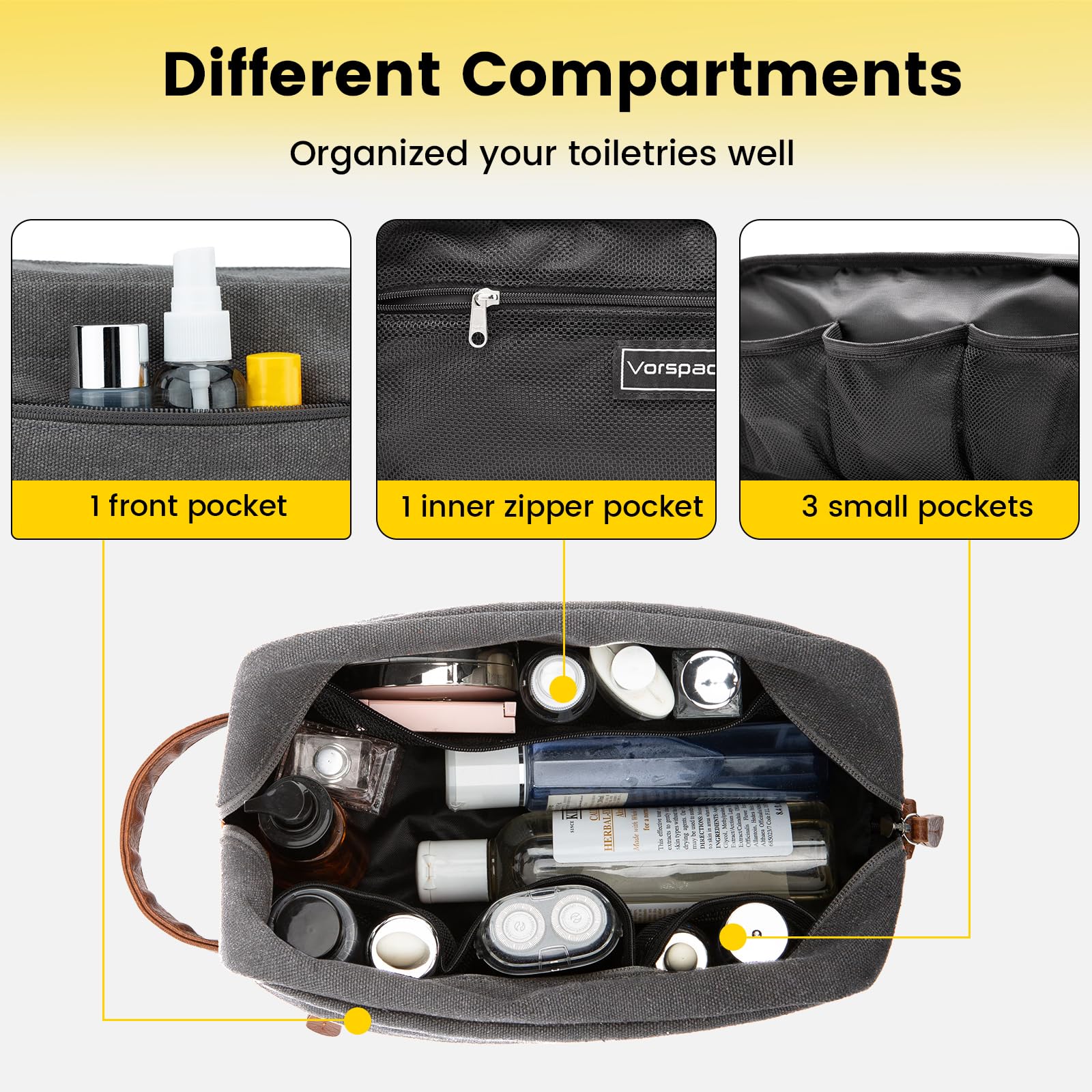 Vorspack Travel Toiletry Bag front pocket offers quick access to small essentials.