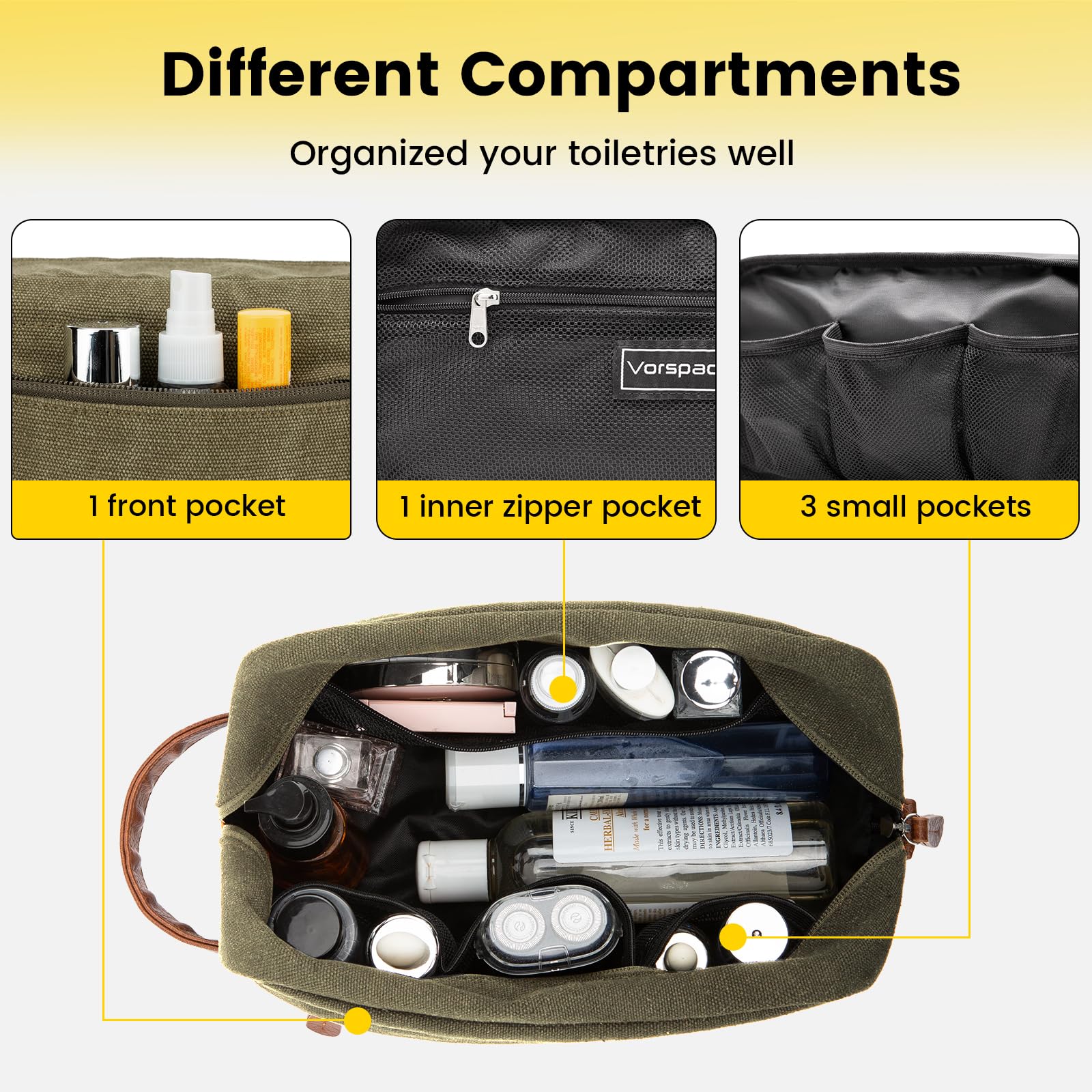 Vorspack Travel Toiletry Bag front-pocket layout for easy grab-and-go items