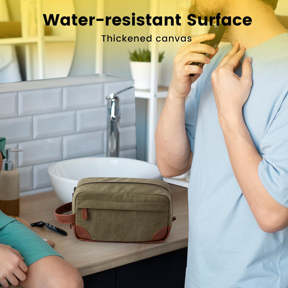 Vorspack Travel Toiletry Bag material closeup shows durable canvas and PU leather trim