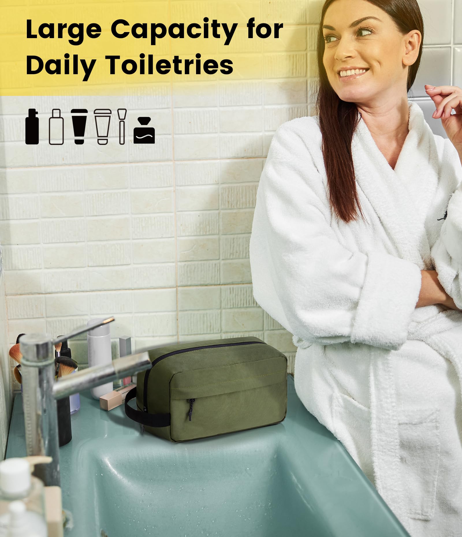 Vorspack hanging handle image shows easy drying and convenient hotel bathroom access.