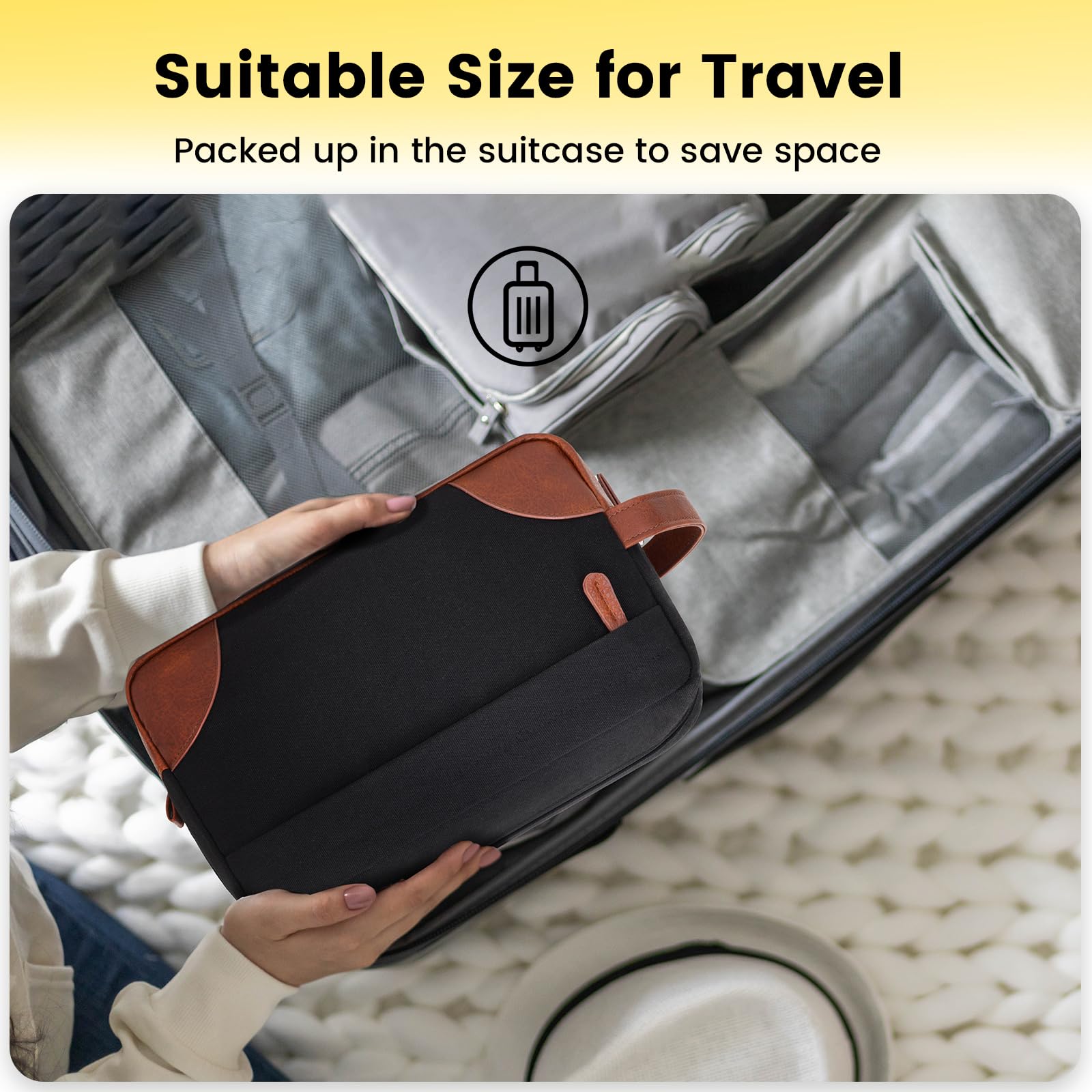 Vorspack travel toiletry bag in a suitcase shows organized packing.