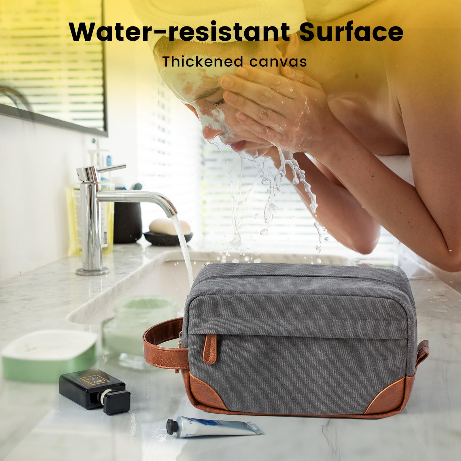 Vorspack Travel Toiletry Bag leather handle adds durability for carrying on trips.
