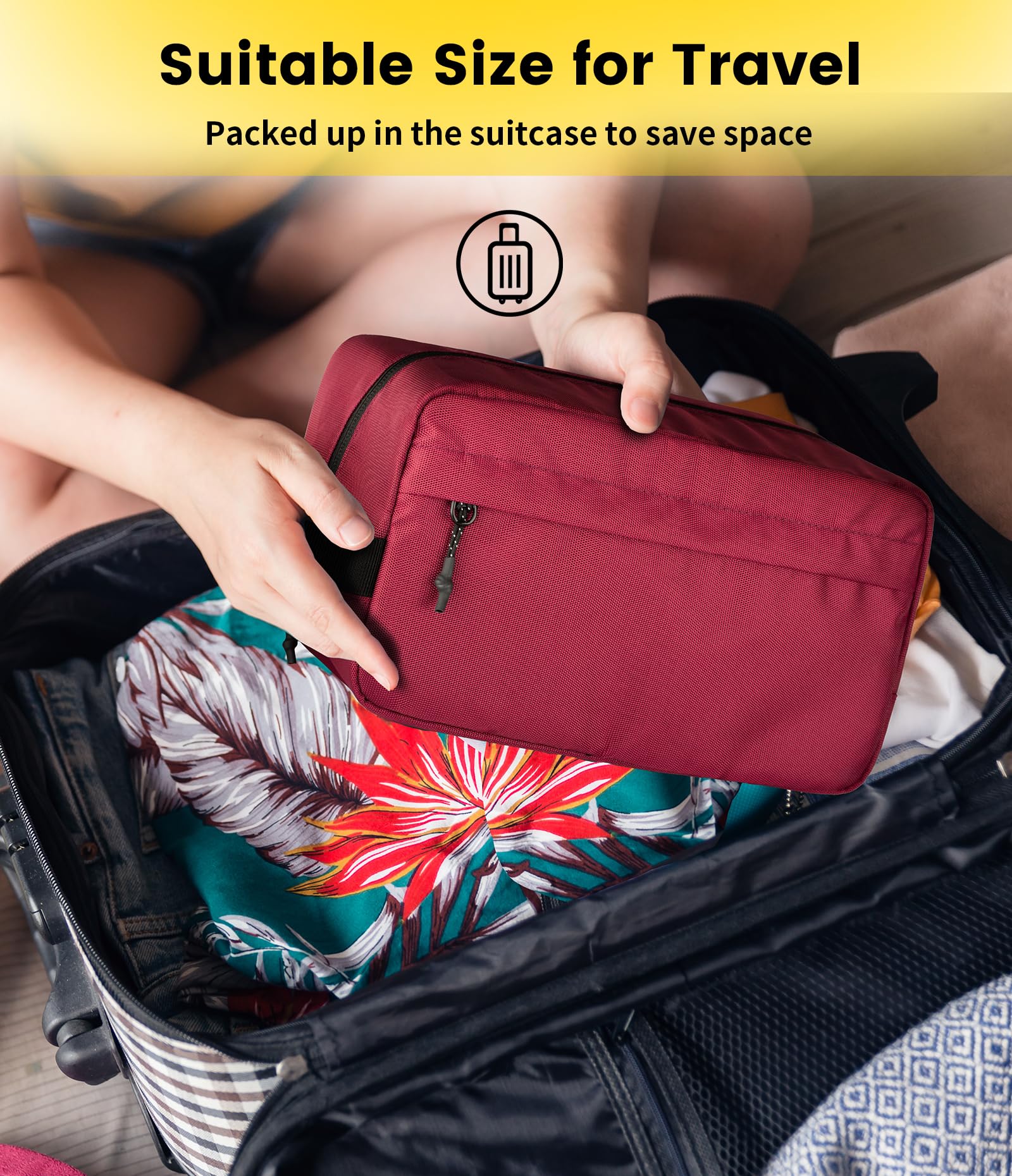 Vorspack maroon travel bag in use for quick access to toiletries