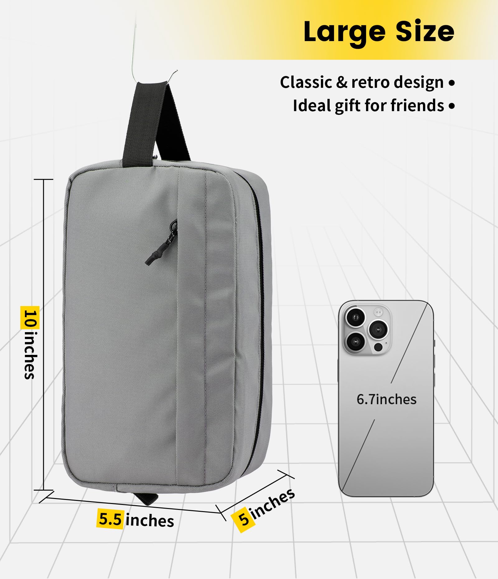 Vorspack travel toiletry bag for men grey hanging strap enables easy access on the go.