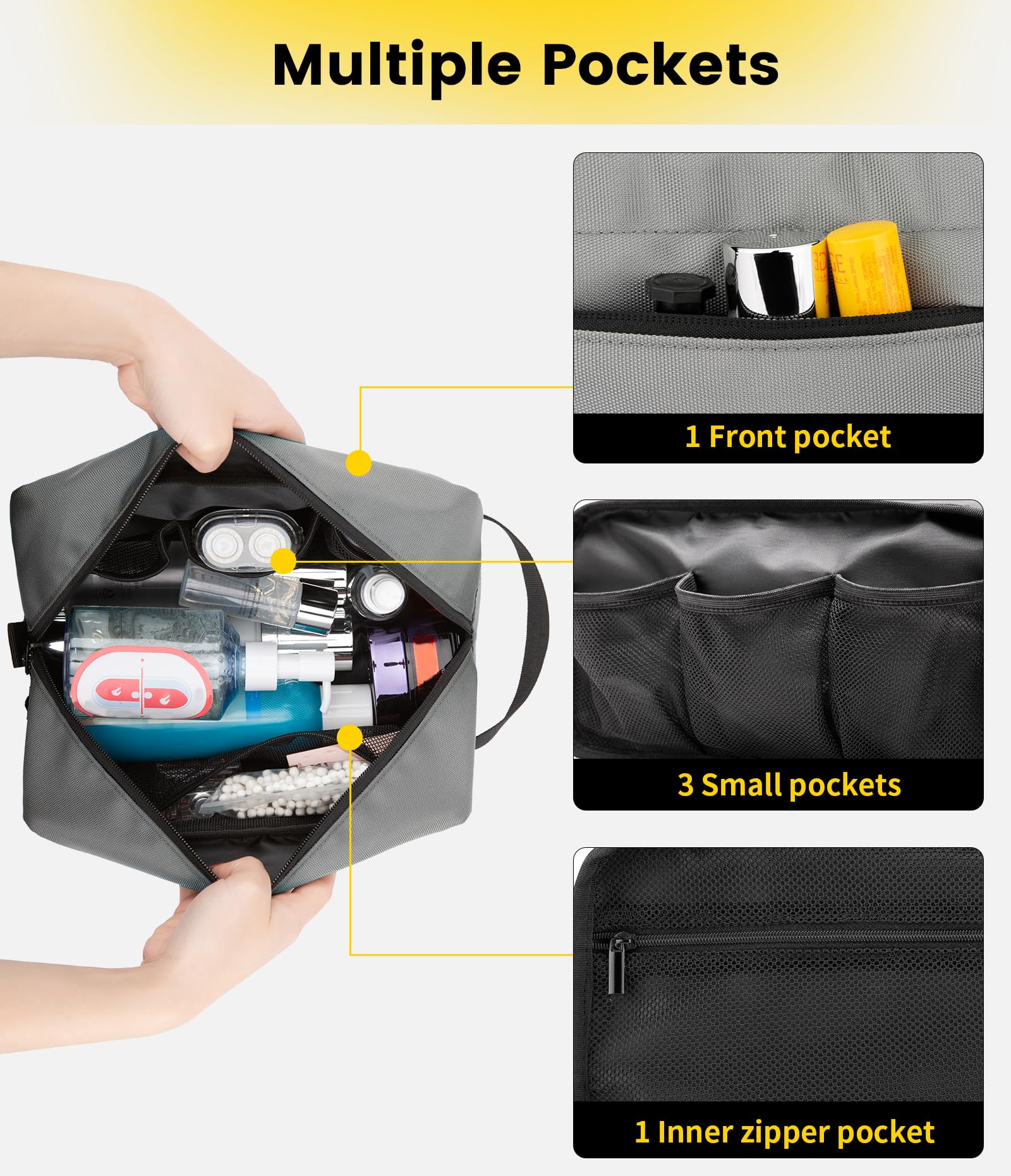 Vorspack travel toiletry bag for men grey main compartment maximizes room for cleanser and shaver.