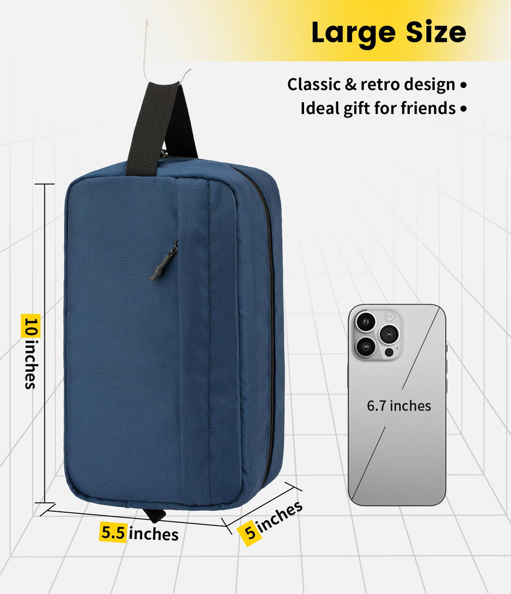 Vorspack travel toiletry bag for men navy-hanging setup ideal for hotel countertops.