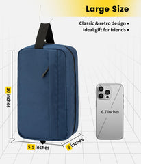 Vorspack travel toiletry bag for men navy-hanging setup ideal for hotel countertops.