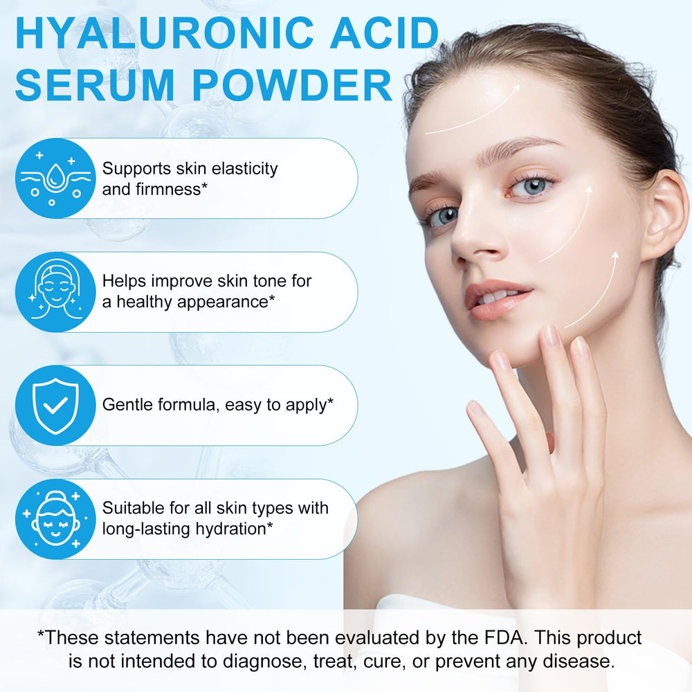 Vortexonix Hyaluronic Acid Serum Powder jar highlights gluten-free and non-GMO credentials.
