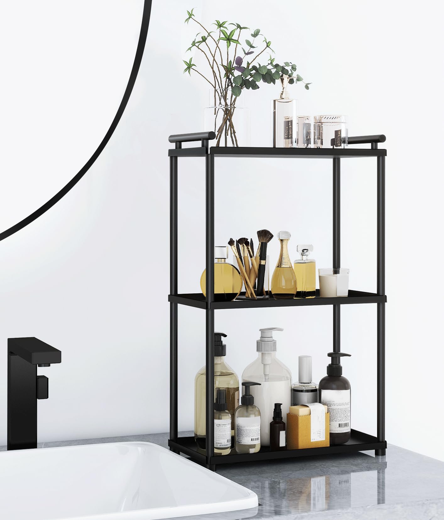 VOTZAAQ 3-tier bathroom organizer top view shows compact matte-black storage for cosmetics