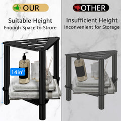 VOTZAAQ stainless-steel shower bench with storage shelf for toiletries.