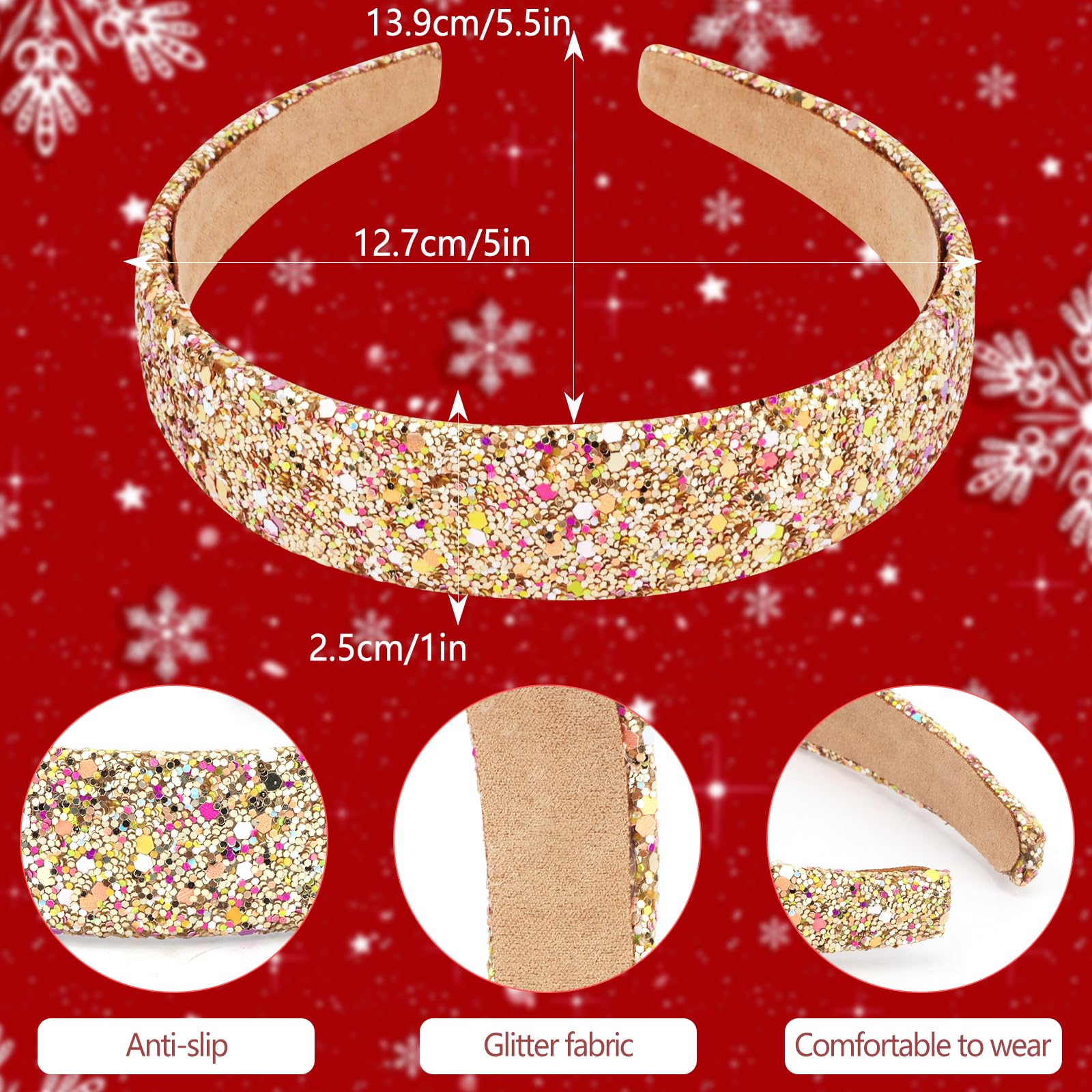 Vovii glitter headband worn on head with comfortable fit for all ages.