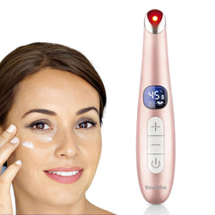 Vowleike Eye Lift Wand rose-gold device on face delivers soothing eye massage for refreshed eyes.