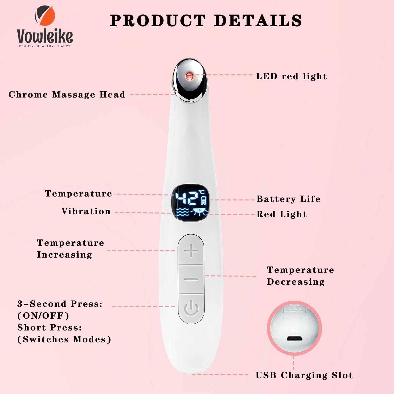 Vowleike Eye Lift Wand temperature display for customizable, comfortable treatment sessions.
