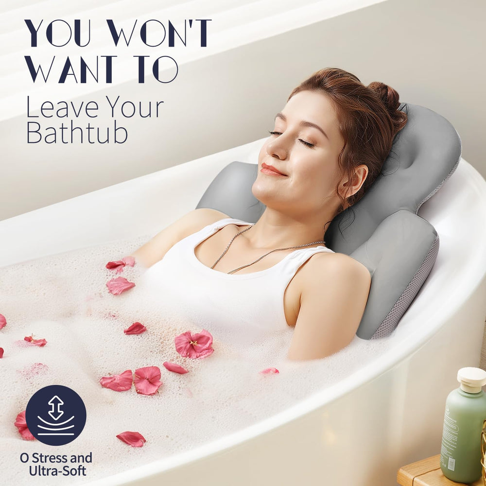 VOXOR pillow in tub with user illustrates immersive relaxation during a long soak