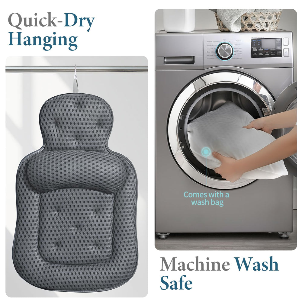 VOXOR bath pillow includes a hook and mesh-friendly care for easy cleaning and drying