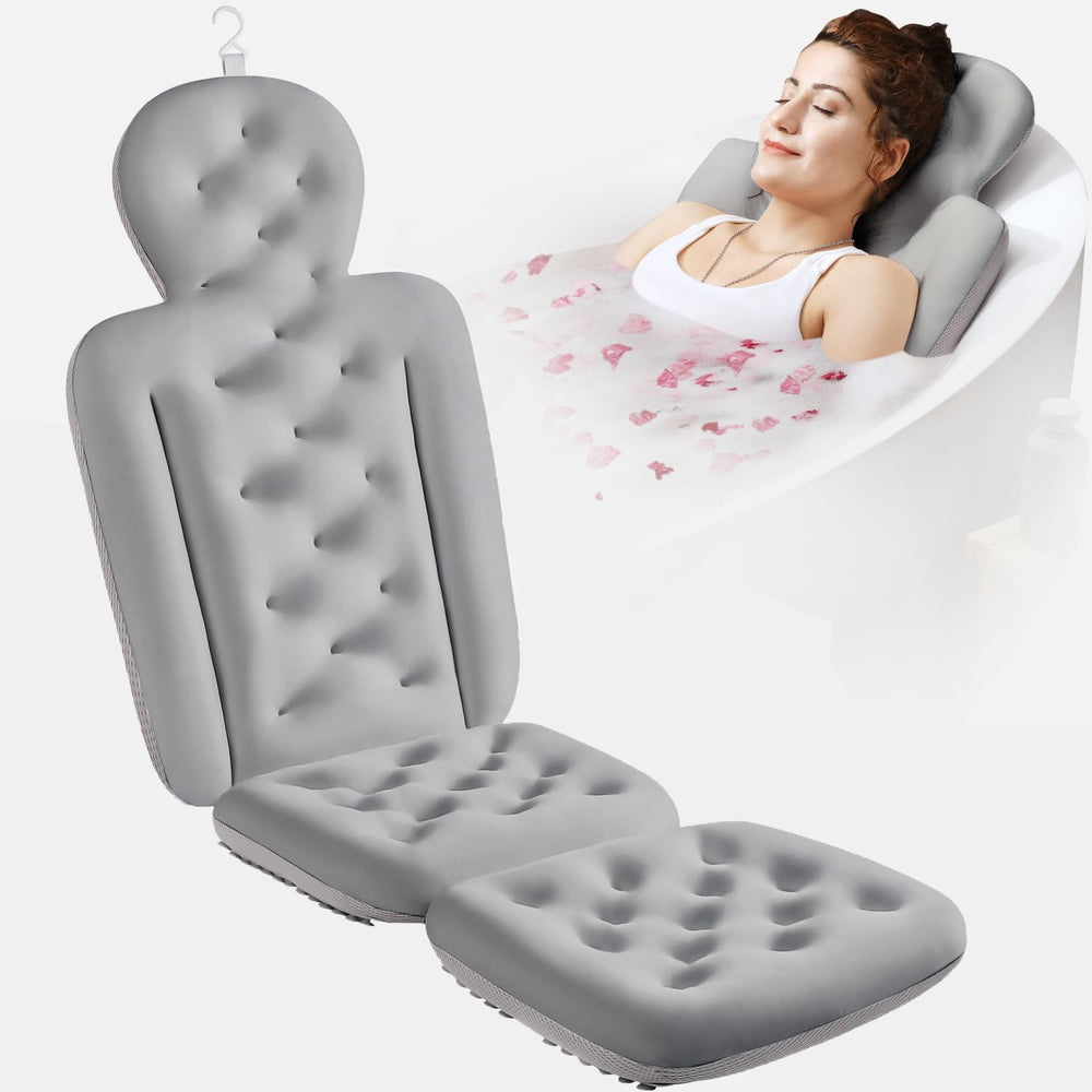 VOXOR full body bath pillow top view shows neck and back support in a spa-like setup