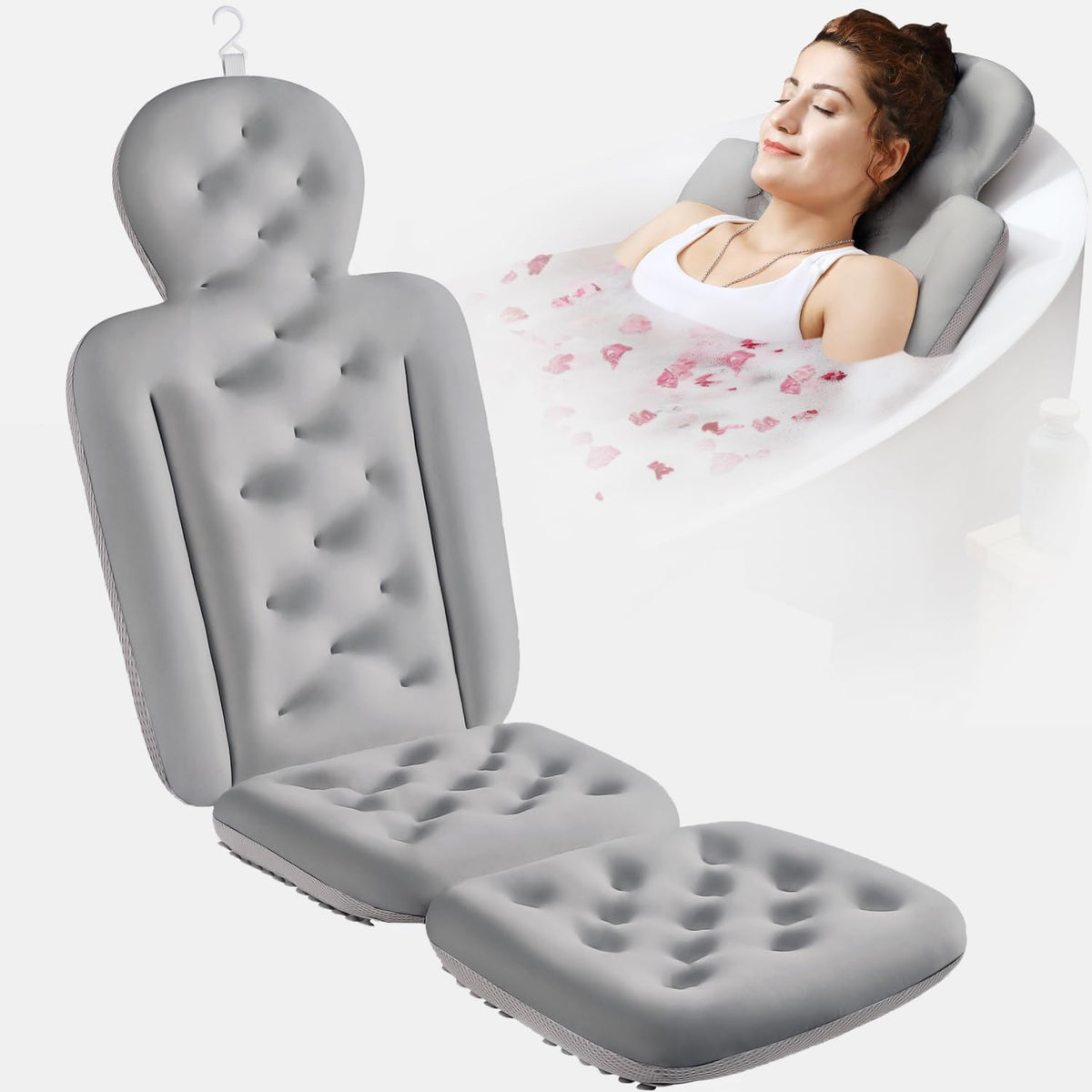 VOXOR full body bath pillow top view shows neck and back support in a spa-like setup