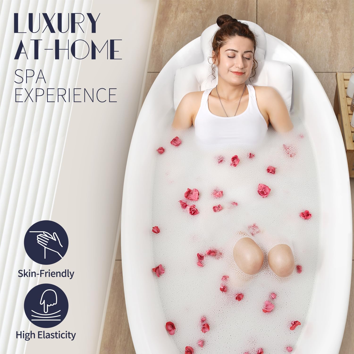 VOXOR full body bath pillow underside shows 230 suction cups for stability