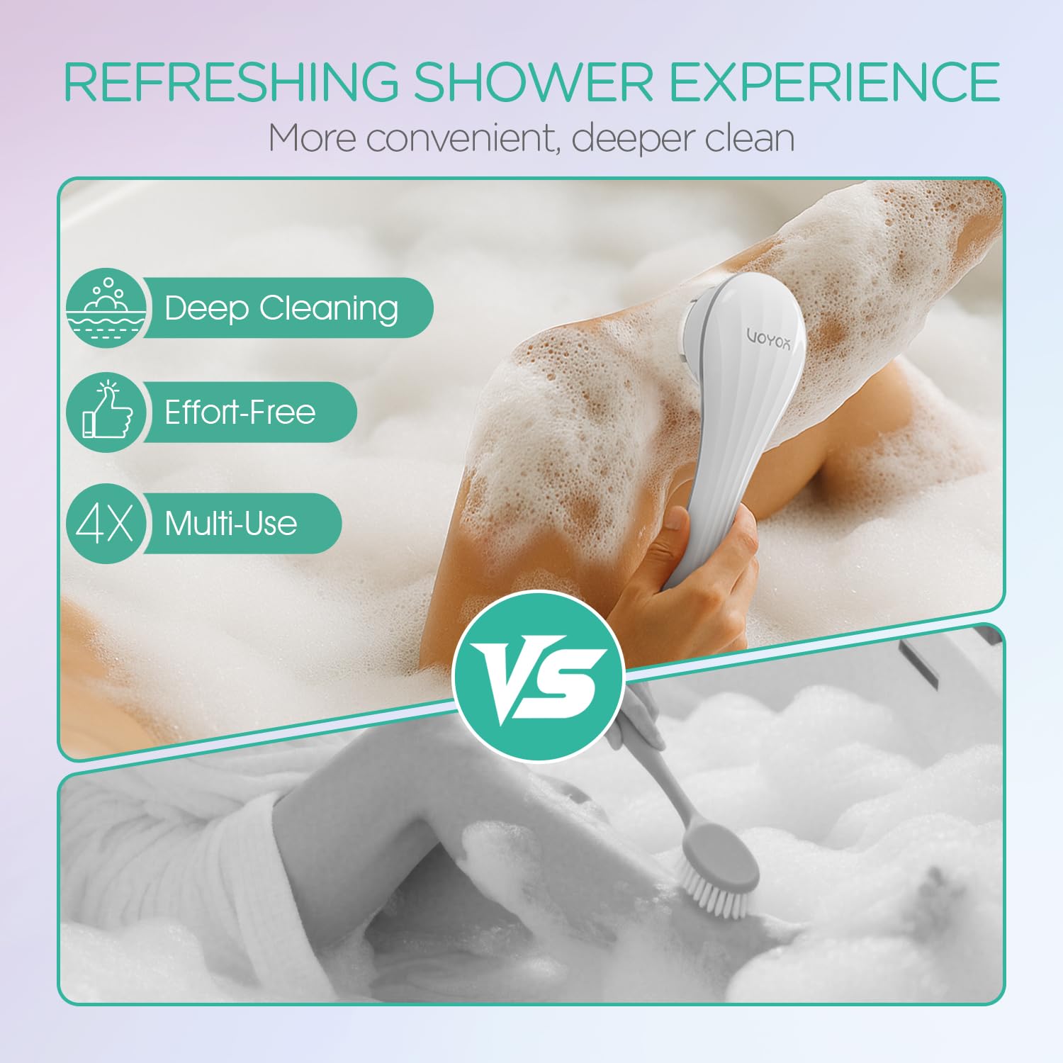 VOYOR BC100 IPX6 waterproof design shown for safe shower use.
