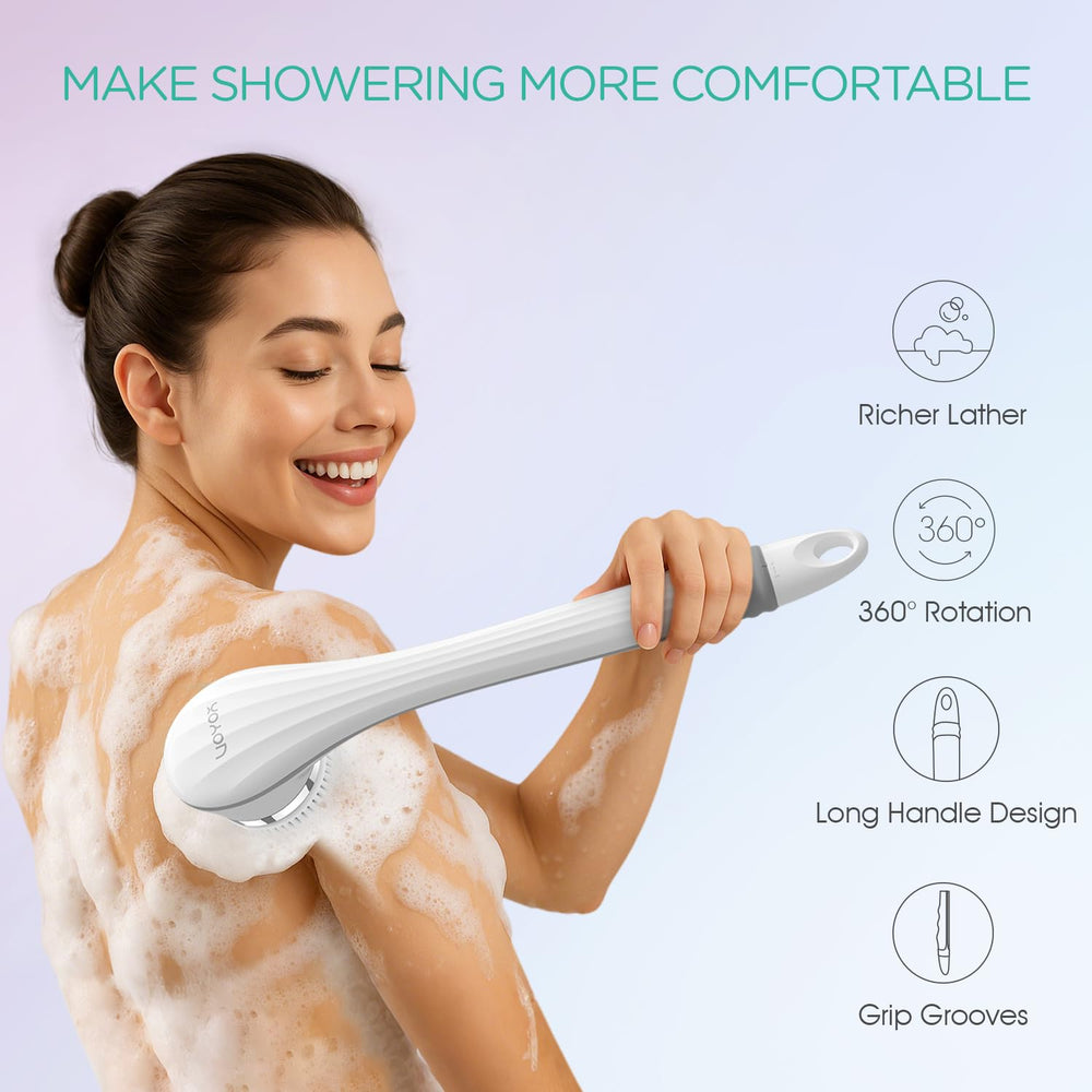 VOYOR BC100 spin-head close-up highlighting 360° rotating action for thorough cleansing.