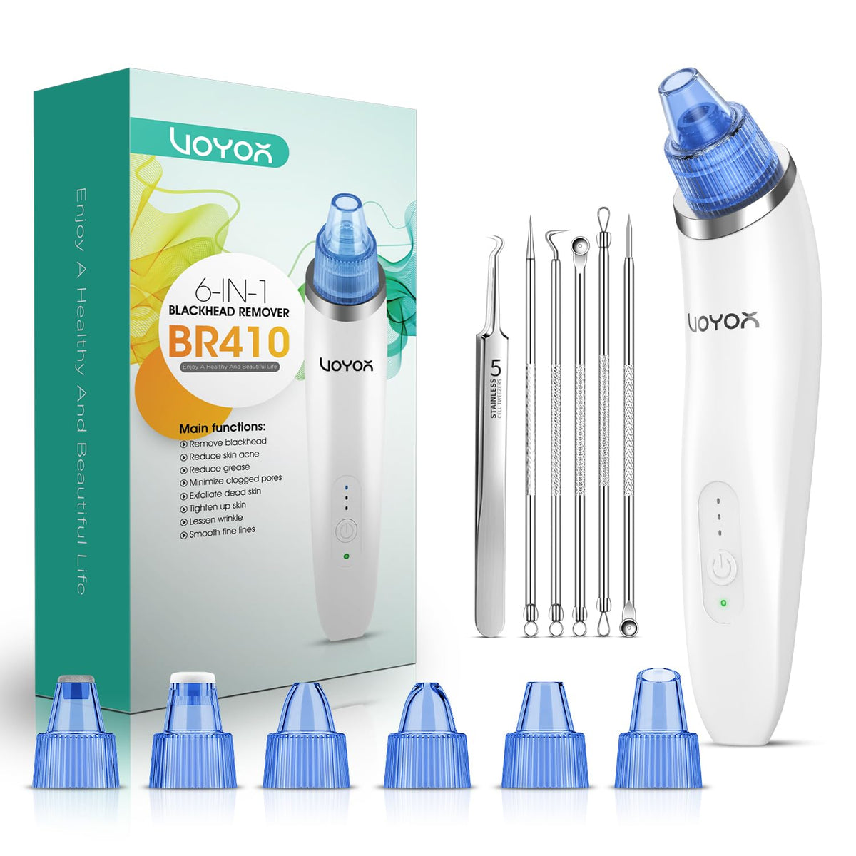 VOYOR Blackhead Remover vacuum front view shows six heads for deep pore cleansing.