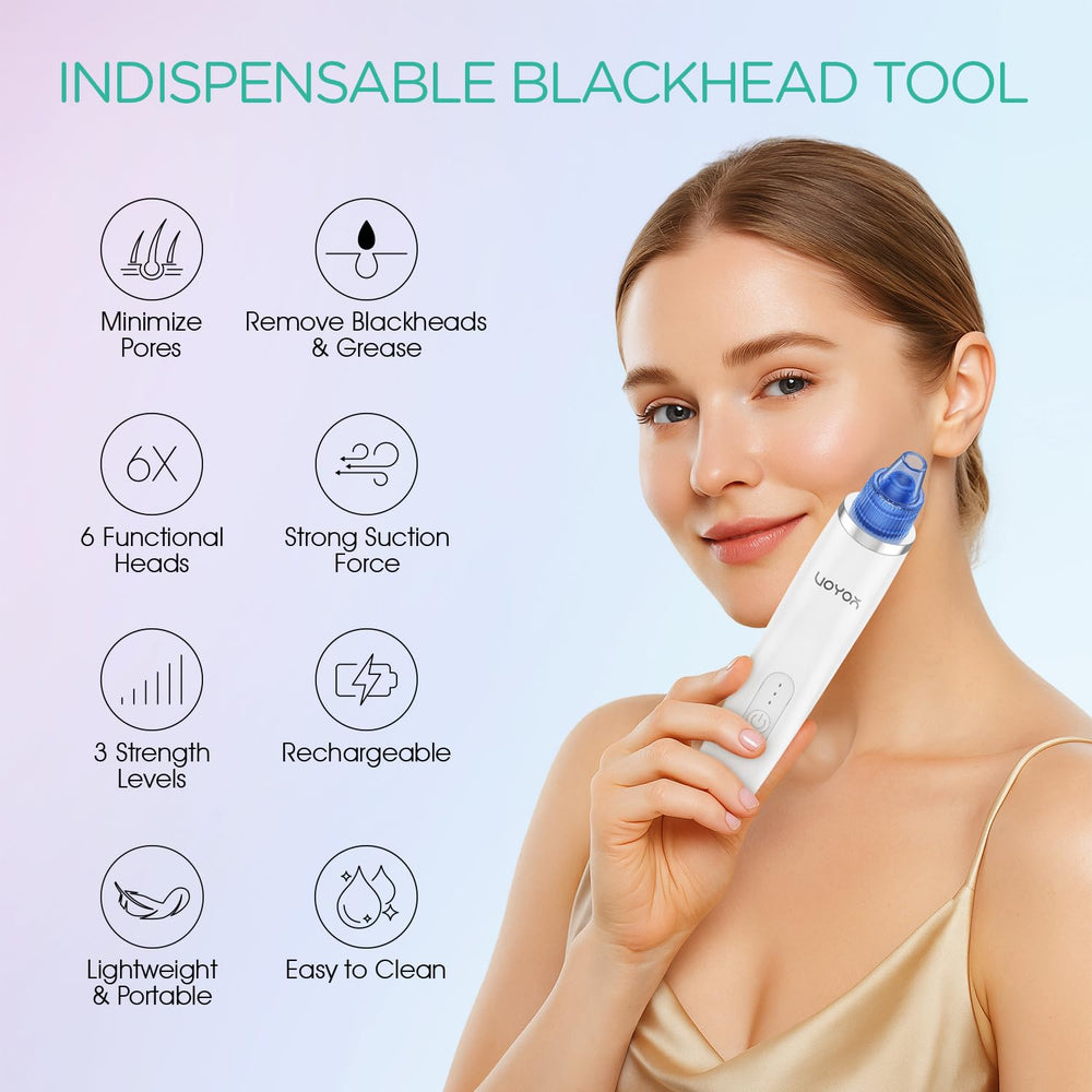VOYOR Blackhead Remover vacuum with six attachments for versatile facial care.