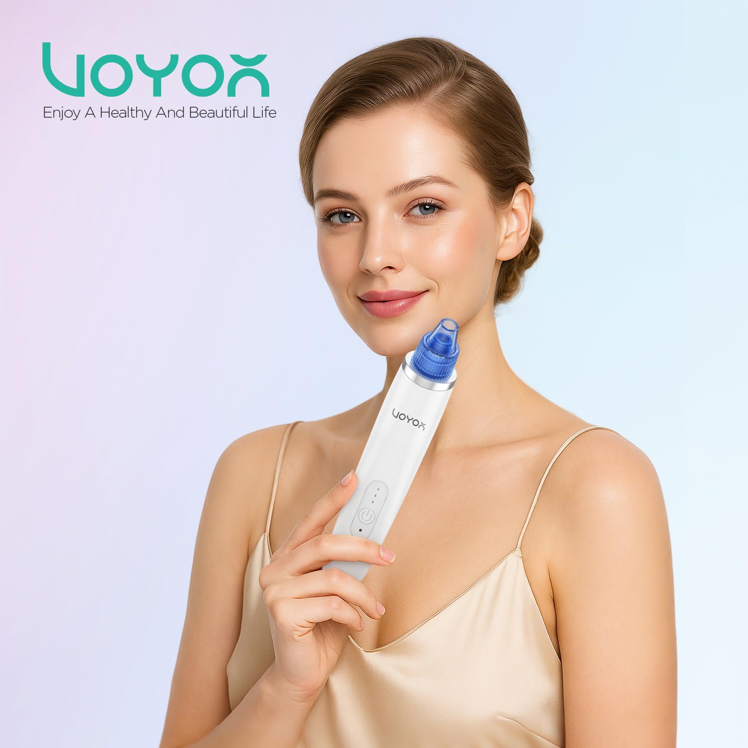 VOYOR usage tip-friendly image showing steam prep for pore suction.