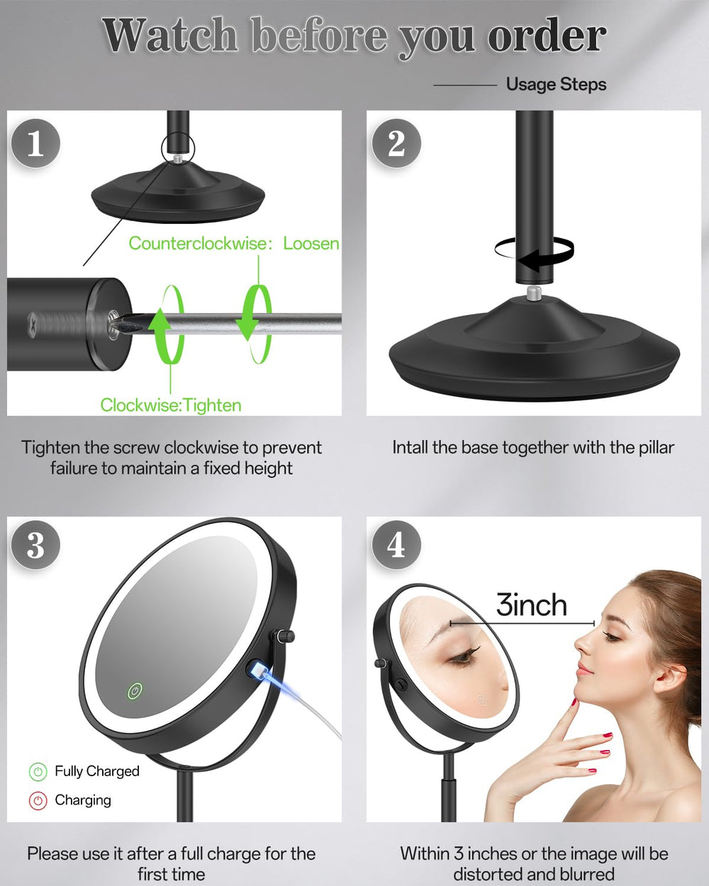 vpu makeup mirror 1x wide view shows entire face for even makeup distribution.