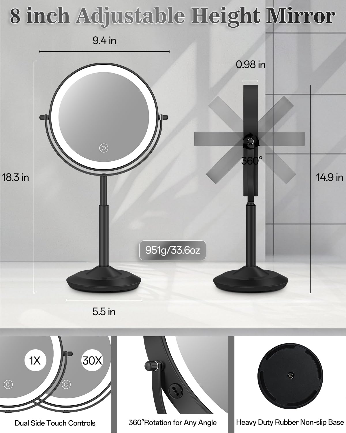 vpu makeup mirror 30x detail highlights facial features for precise grooming.
