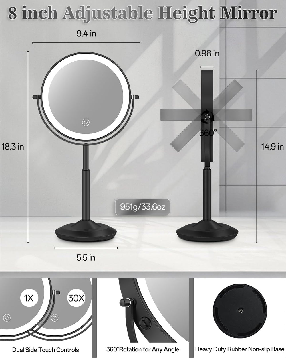 vpu makeup mirror 30x detail highlights facial features for precise grooming.