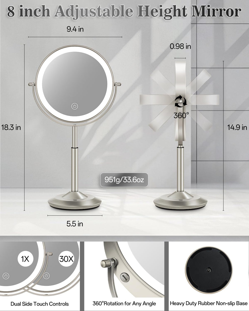 VPU makeup mirror 30x magnification focuses on tiny details for precise eyeliner.
