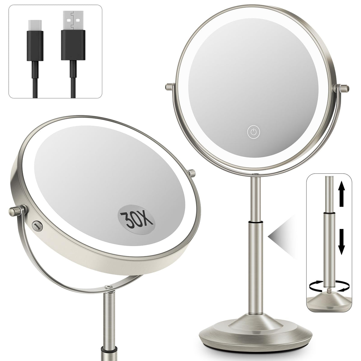 VPU makeup mirror with 8-inch frame and lights for precise makeup application.