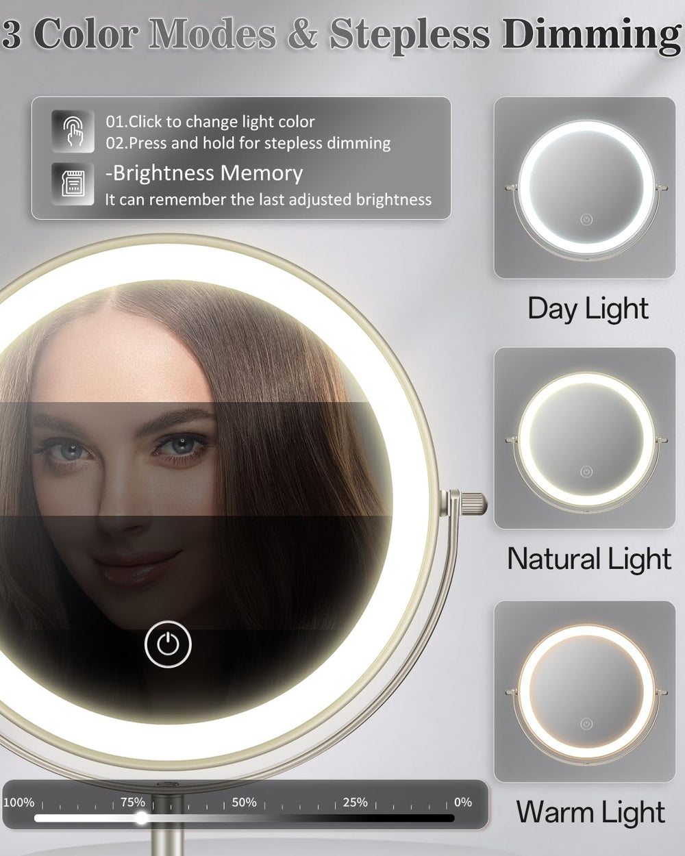 VPU makeup mirror dimmable brightness helps tailor lighting for any step.