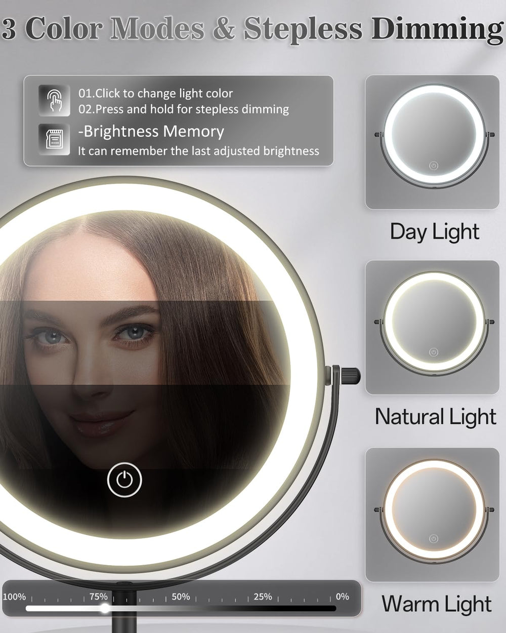 vpu makeup mirror height adjustable telescoping stand supports comfortable viewing.