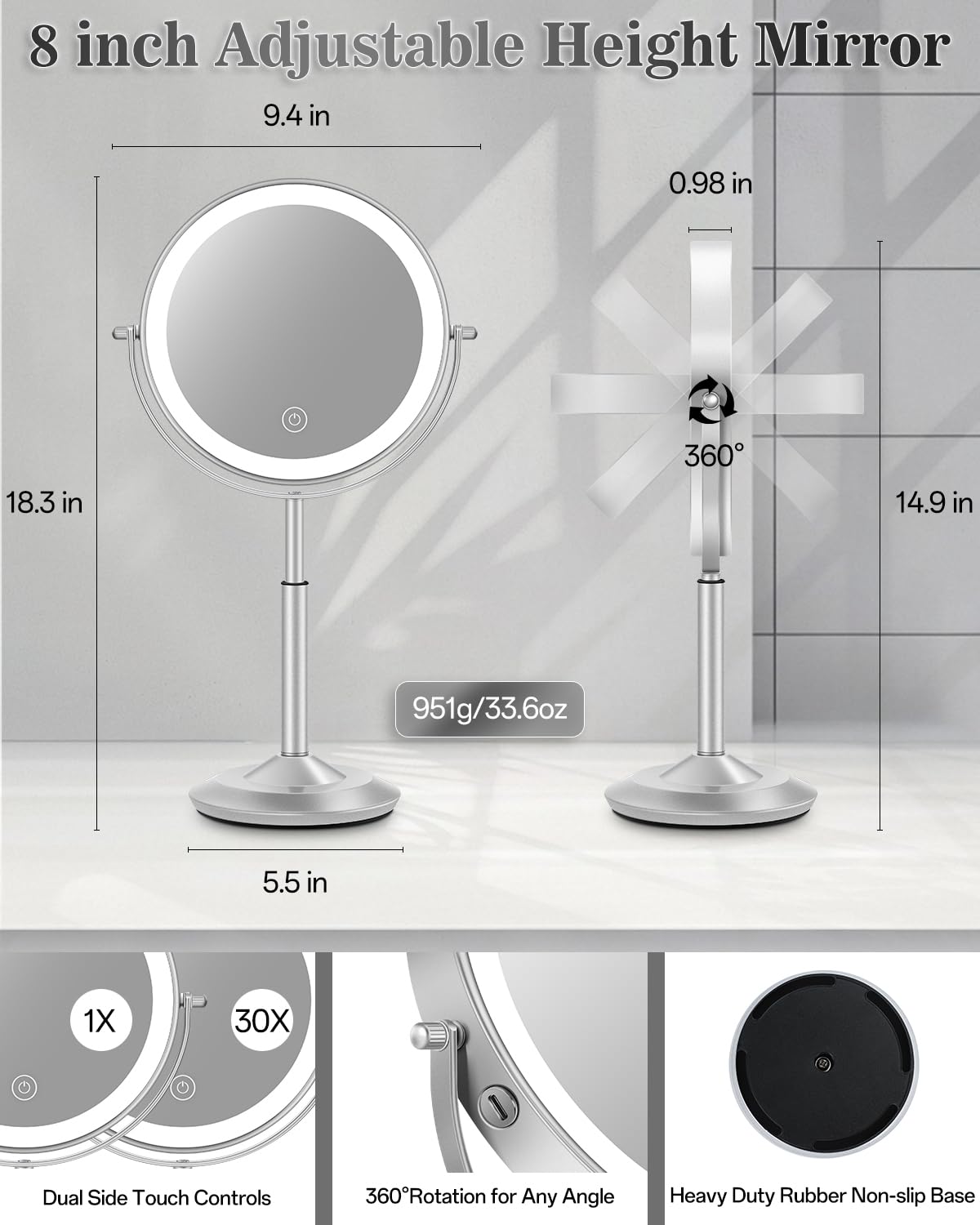 VPU makeup mirror with 1X and 30X magnification for detailed work