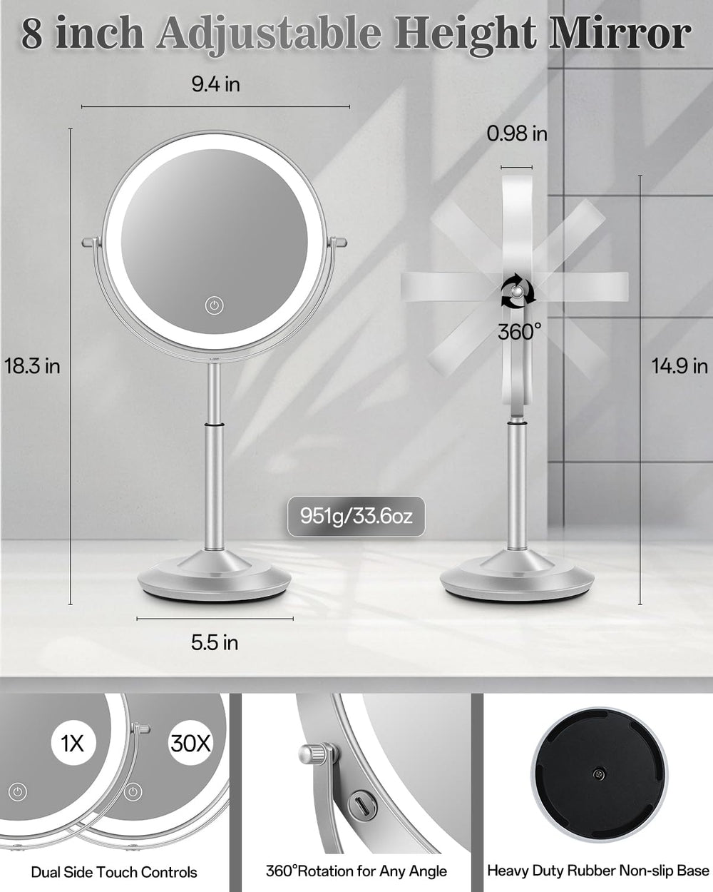 VPU makeup mirror with 1X and 30X magnification for detailed work