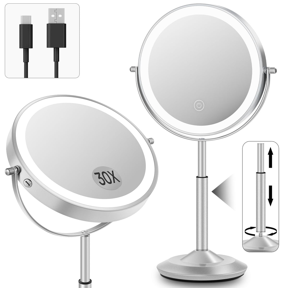 VPU makeup mirror with lights shows an 8-inch frame for precise makeup application